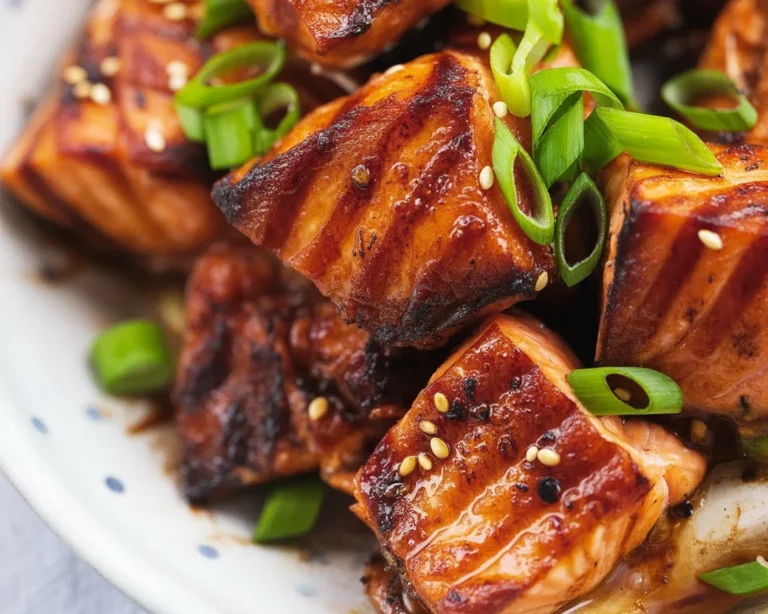 Crispy salmon bites drizzled with savory honey glaze.