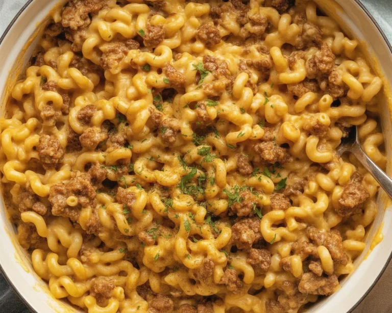 One-skillet cheesy beef and macaroni with ground beef and melted cheese.