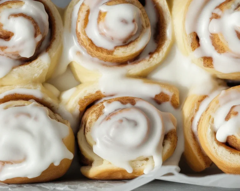 Freshly baked cinnamon rolls with cream cheese glaze and cinnamon sugar filling