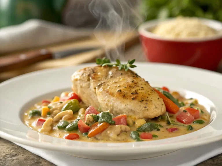 Creamy Garlic Chicken One-Pot dish in a skillet with savory sauce and herbs.
