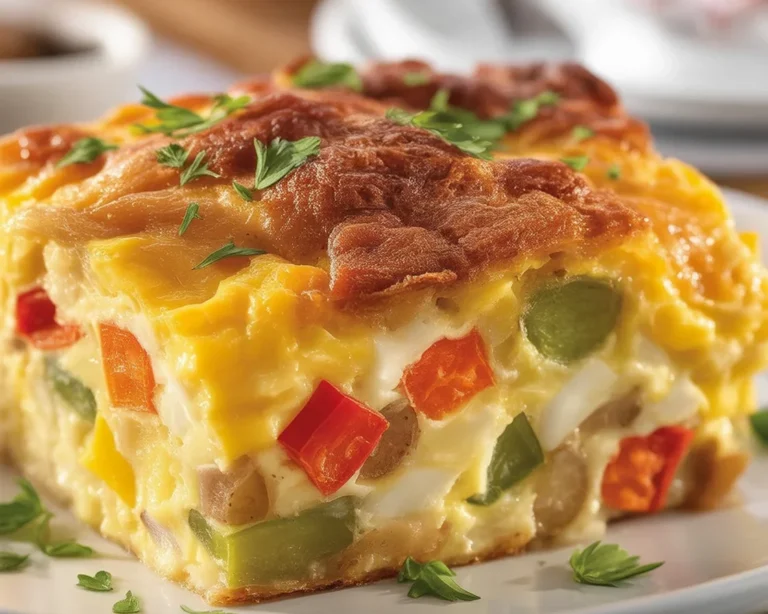 Delicious Crockpot Breakfast Casserole with eggs, bacon, cheese, and hash browns.