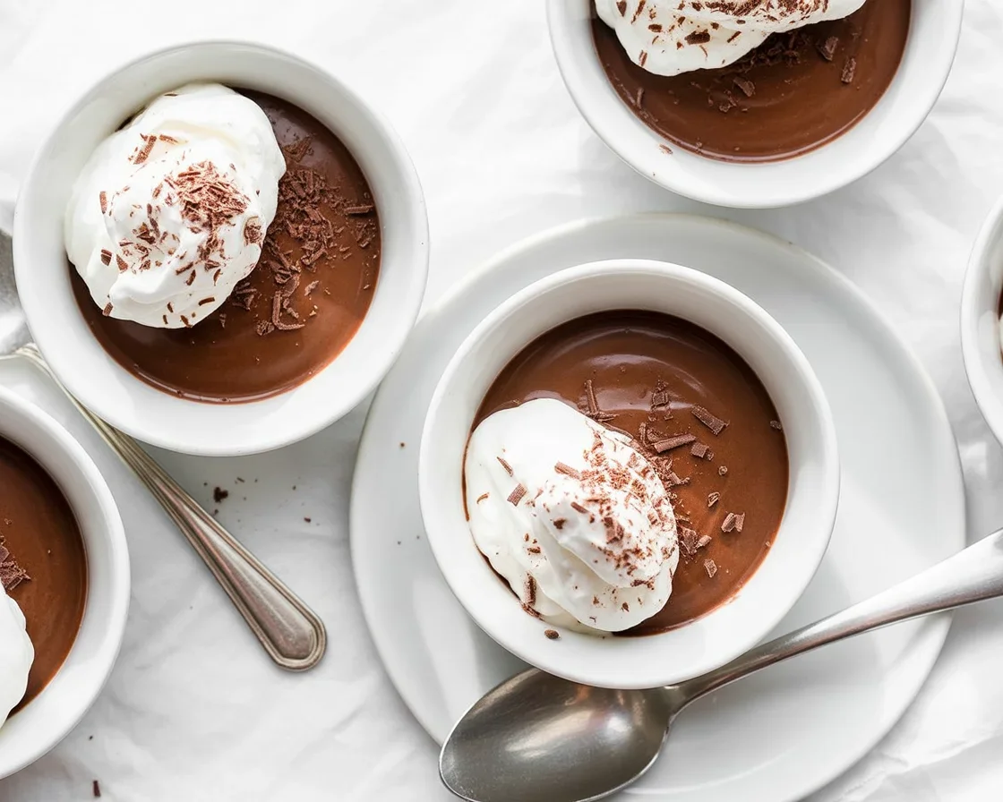 Delicious chocolate pudding pots topped with cookie crumbs and mint, elegantly presented.