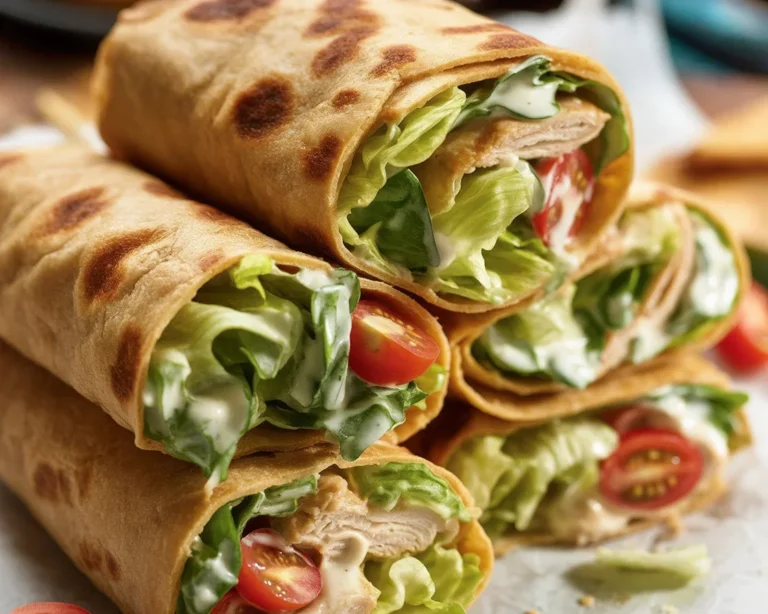 Delicious Chicken Caesar Wrap filled with juicy chicken, crisp lettuce, and Caesar dressing.