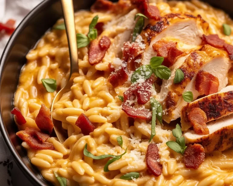 One pot chicken risoni with crispy salami in creamy tomato sauce