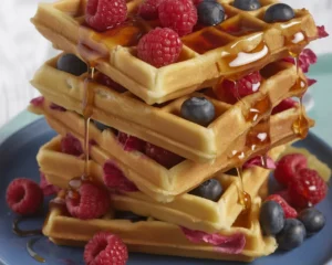 Delicious golden waffles topped with syrup, ideal for breakfast.