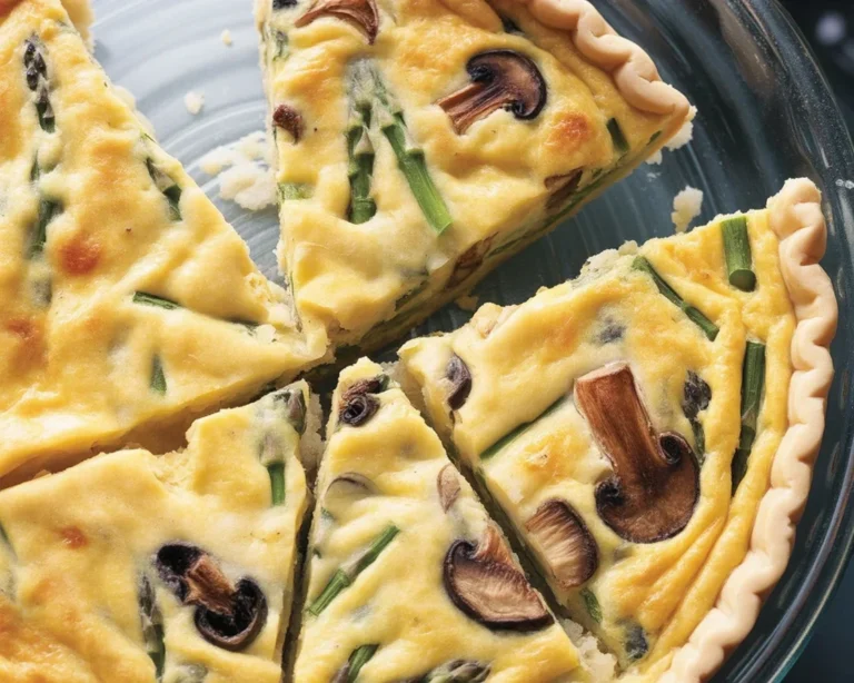 Springy Vegetable Quiche with fresh vegetables and creamy egg filling in a flaky crust.