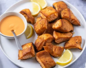 Cajun Baked Salmon Bites seasoned with spices, oven-baked to perfection.