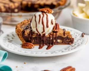 Delicious Southern Fudge Pie made with cocoa, sugar, flour, and eggs, served in a rustic setting.