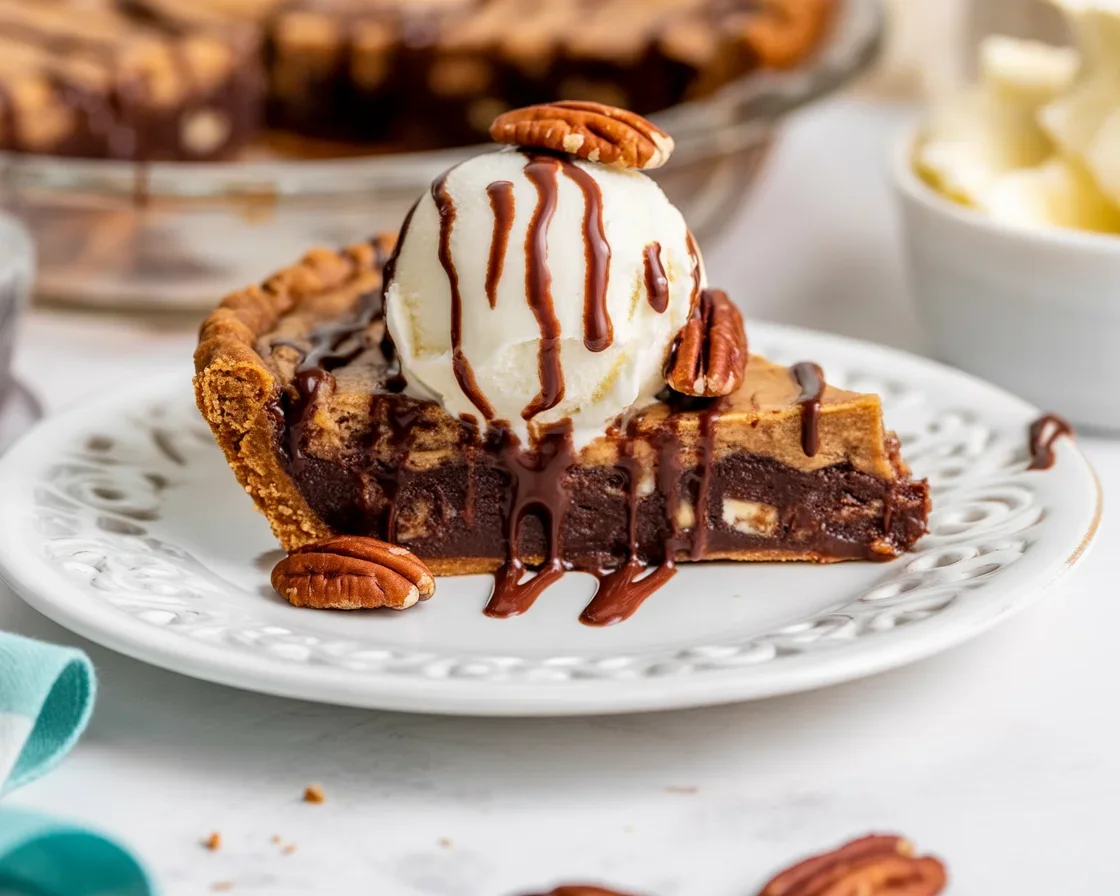 Delicious Southern Fudge Pie made with cocoa, sugar, flour, and eggs, served in a rustic setting.
