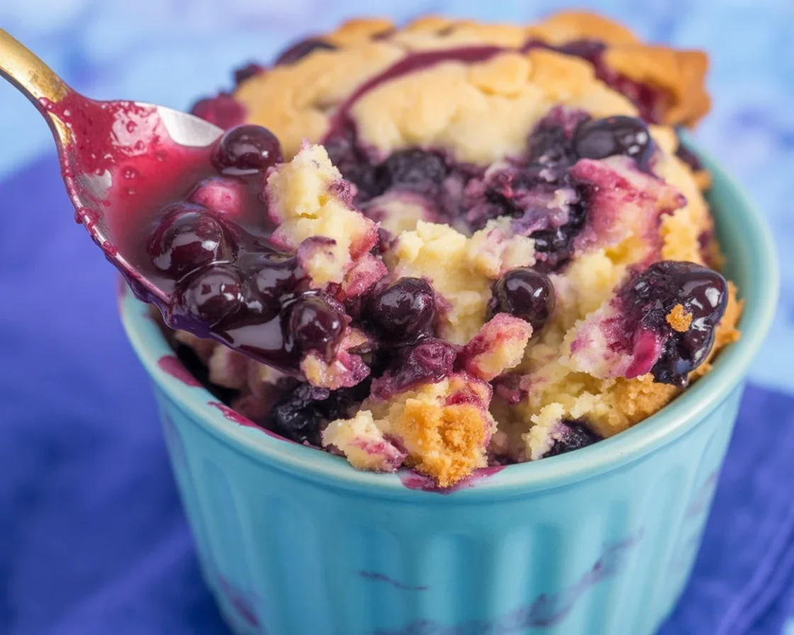 Delicious Blueberry Dump Cake topped with fresh berries and served in a baking dish