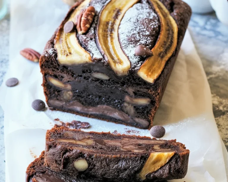 Moist Chocolate Espresso Banana Bread sliced on a wooden board with a coffee cup.