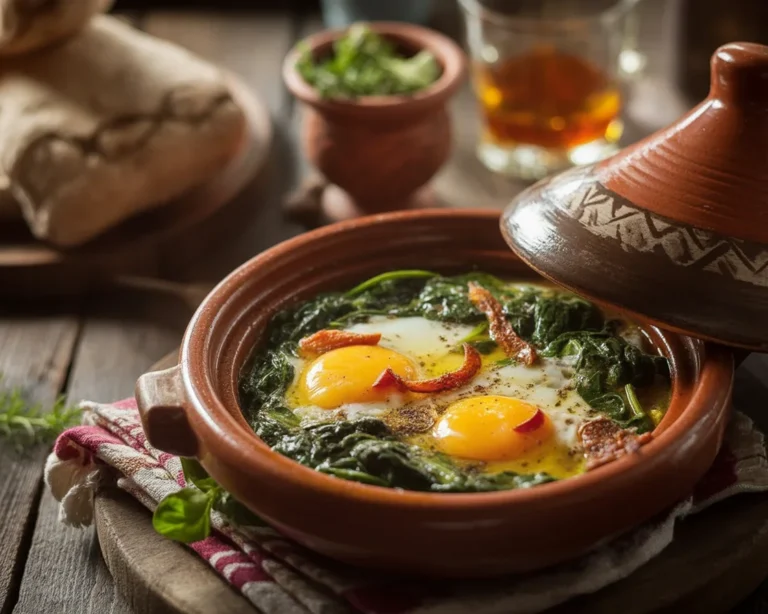 Moroccan Spinach & Egg Tagine served in a traditional tagine dish