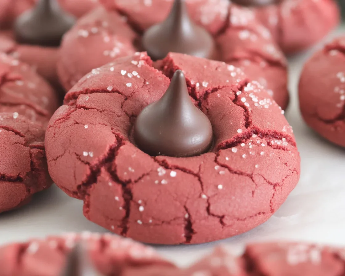 Red Velvet Cake Mix Blossom Cookies topped with chocolate Kisses, garnished with red sugar.
