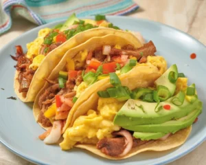 Breakfast Smashed Tacos with sausage, scrambled eggs, and cheese on crispy tortillas.