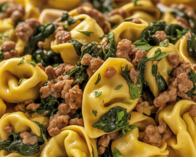 Delicious Garlic Butter Beef Tortellini in a creamy sauce with savory beef and fresh spinach.
