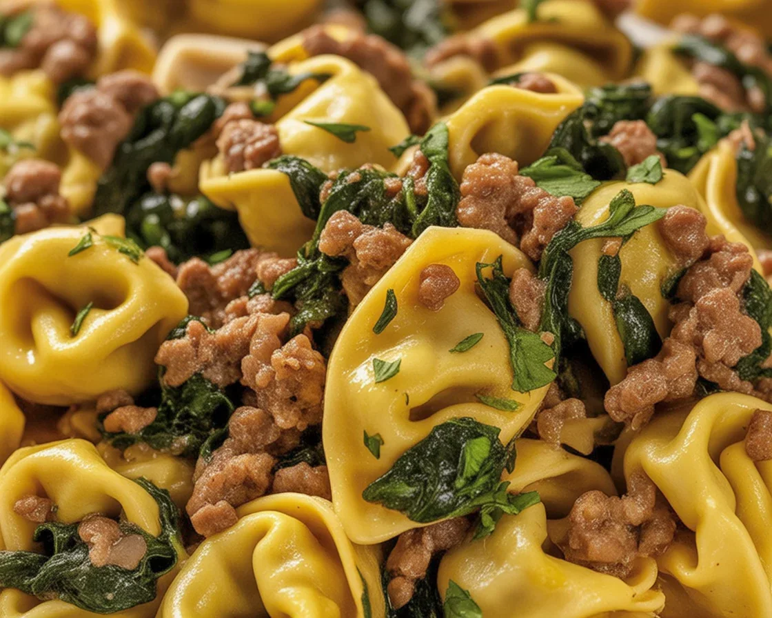 Delicious Garlic Butter Beef Tortellini in a creamy sauce with savory beef and fresh spinach.