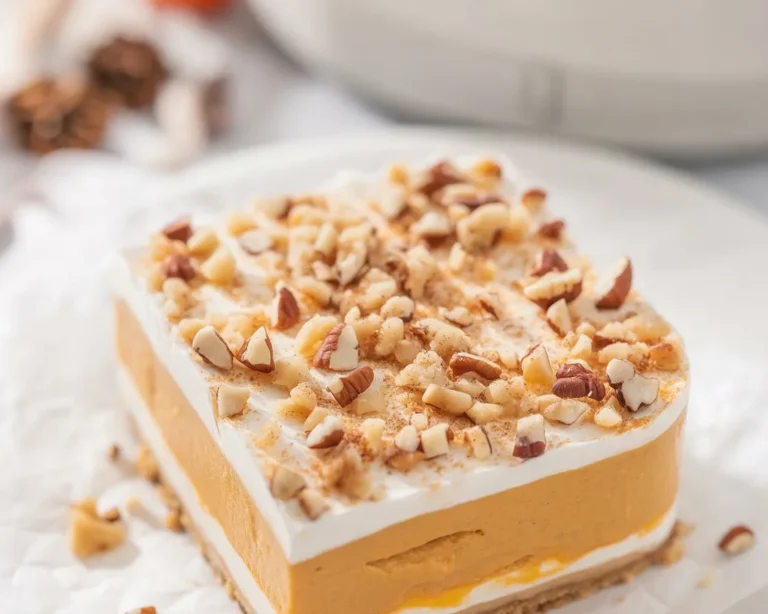 Delicious layered Pumpkin Delight dessert with cream cheese, pumpkin pudding, and crust.