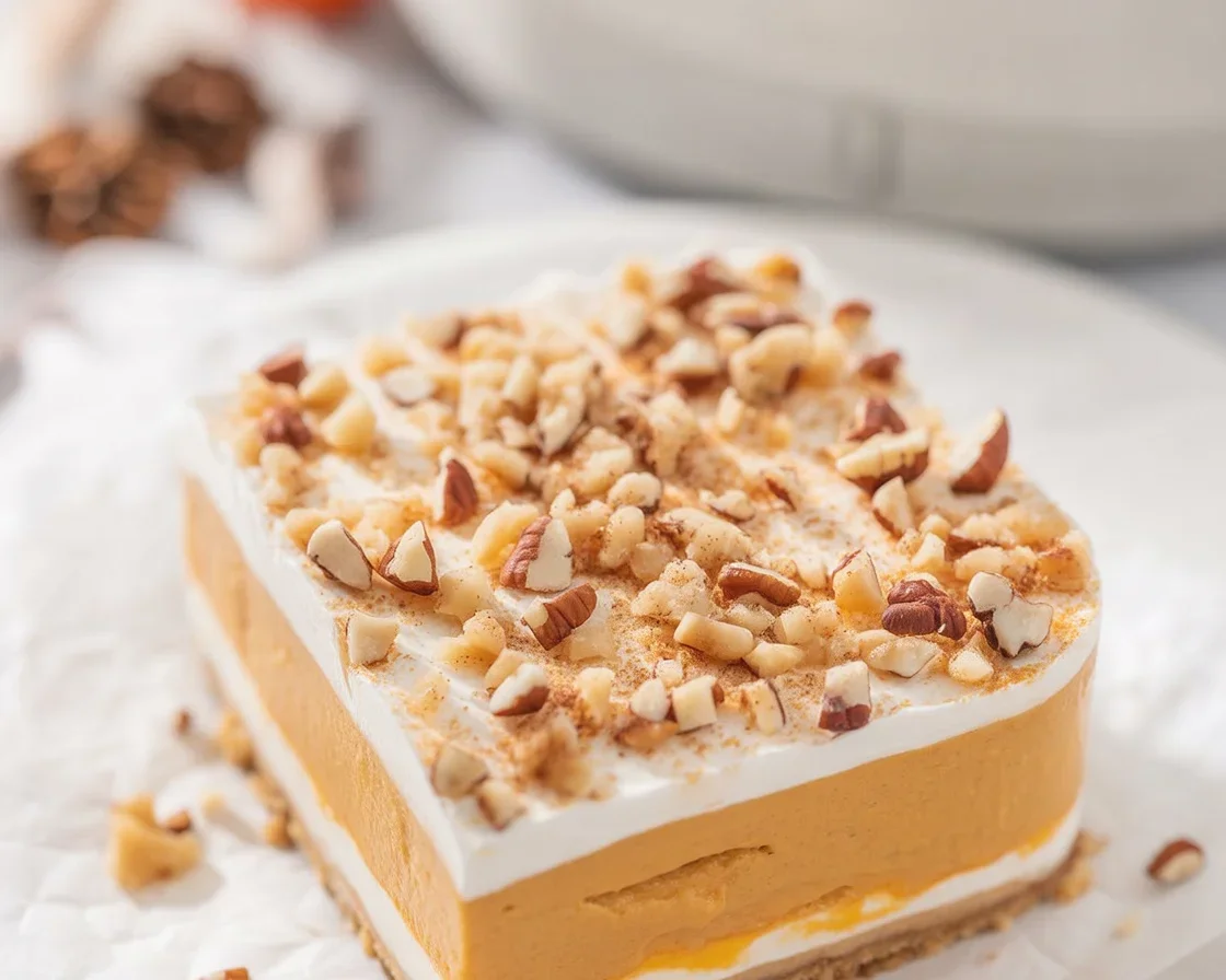 Delicious layered Pumpkin Delight dessert with cream cheese, pumpkin pudding, and crust.