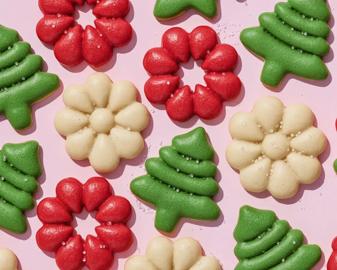 Plate of beautifully decorated Spritz Cookies with colorful sprinkles for the holidays.