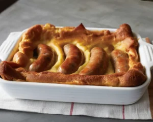 Delicious Toad in the Hole with sausages and Yorkshire pudding served with onion gravy.