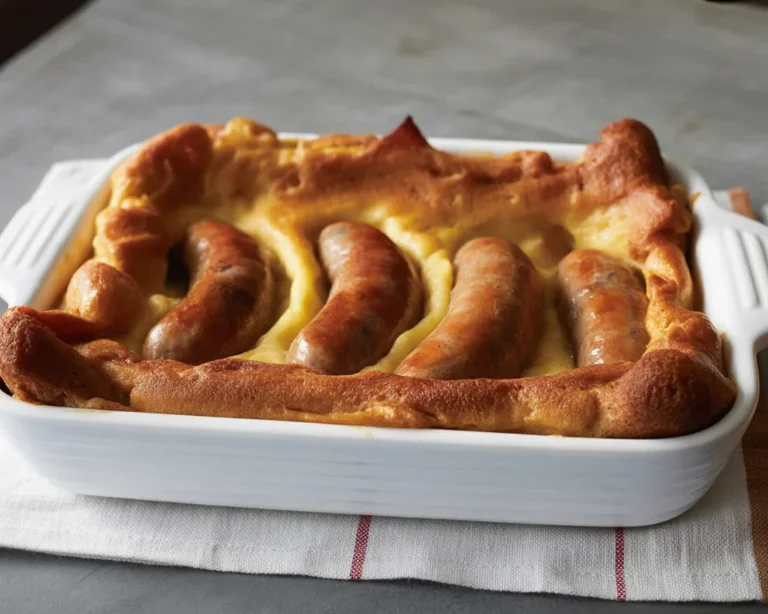 Delicious Toad in the Hole with sausages and Yorkshire pudding served with onion gravy.