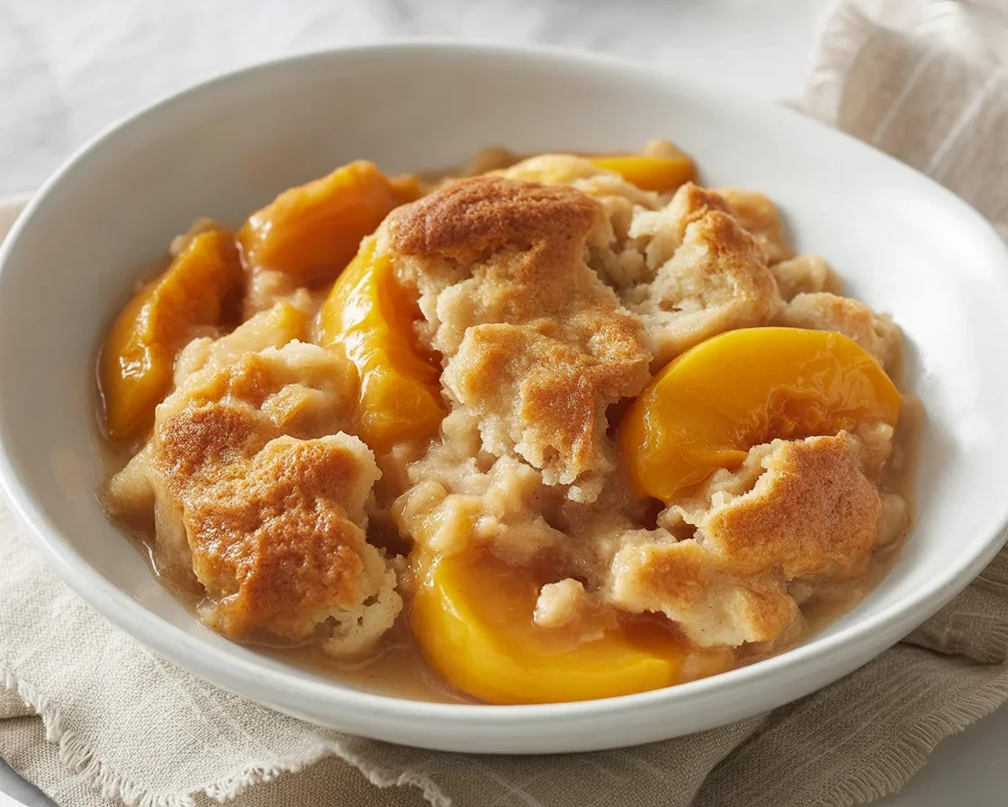 Delicious serving of homemade Peach Cobbler with fresh peaches and buttery topping.