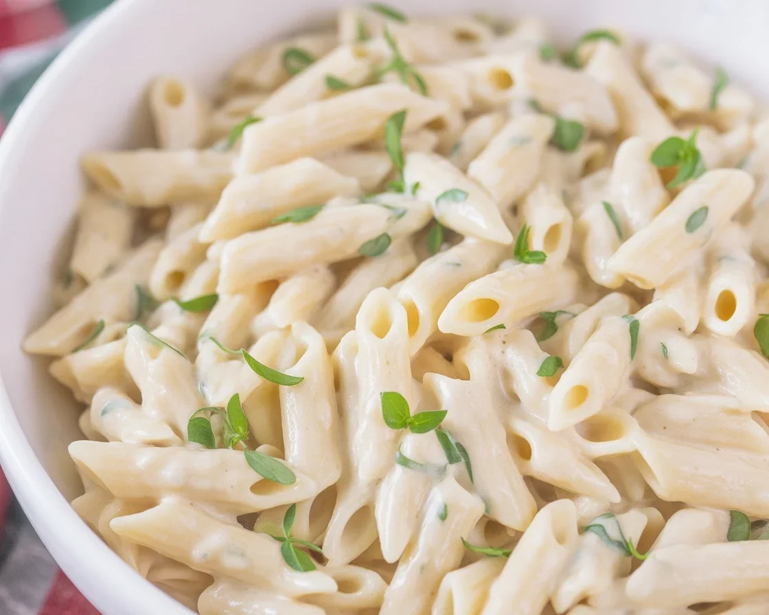 Creamy White Sauce Penne Pasta in a bowl garnished with herbs.