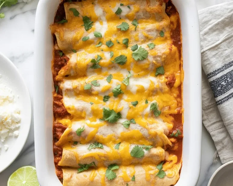 Delicious homemade easy chicken enchiladas with shredded chicken and cheese.