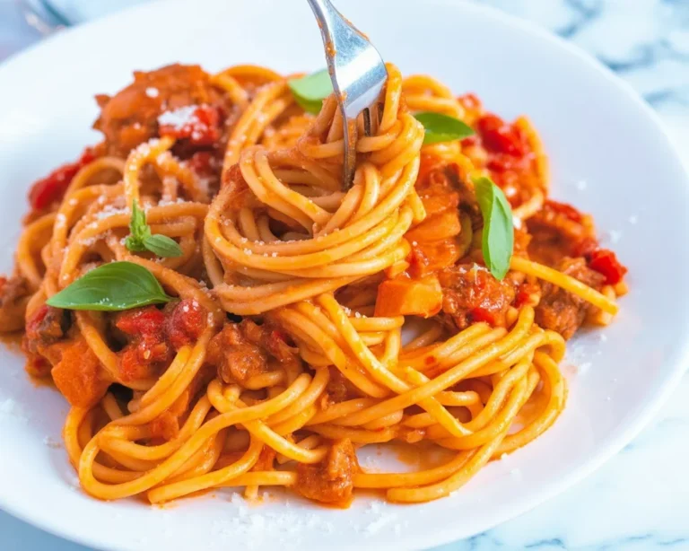 Delicious easy weeknight spaghetti with homemade ground beef sauce and fresh herbs.