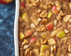 Baked Oatmeal with Apples featuring oats, cinnamon, and warm diced apples for breakfast.