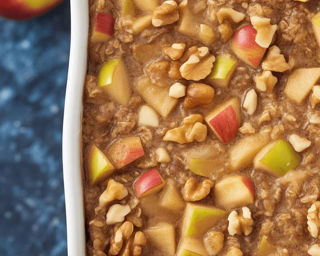 Baked Oatmeal with Apples featuring oats, cinnamon, and warm diced apples for breakfast.